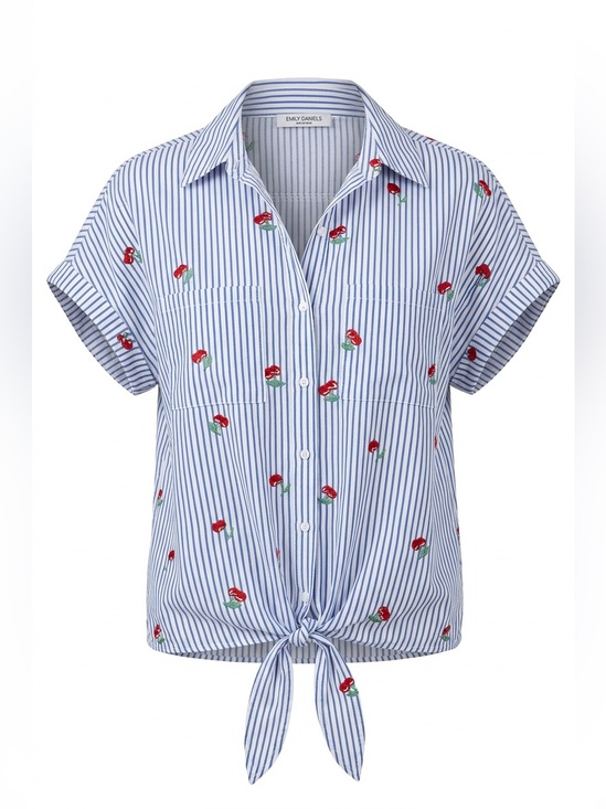 Emily Daniels Tops - Blue Stripe Cherries Tie-Front Embroidered Shirt Boho Y2K